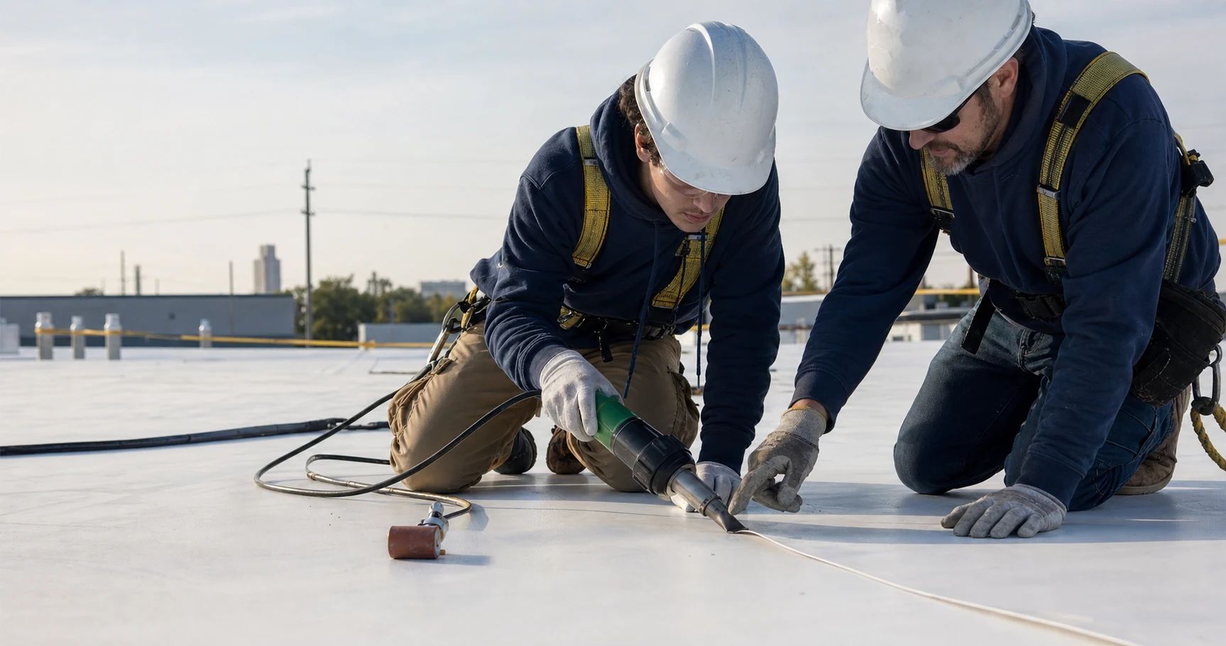 A roofing apprentice learning to weld a single-ply membrane seam with an experienced instructor