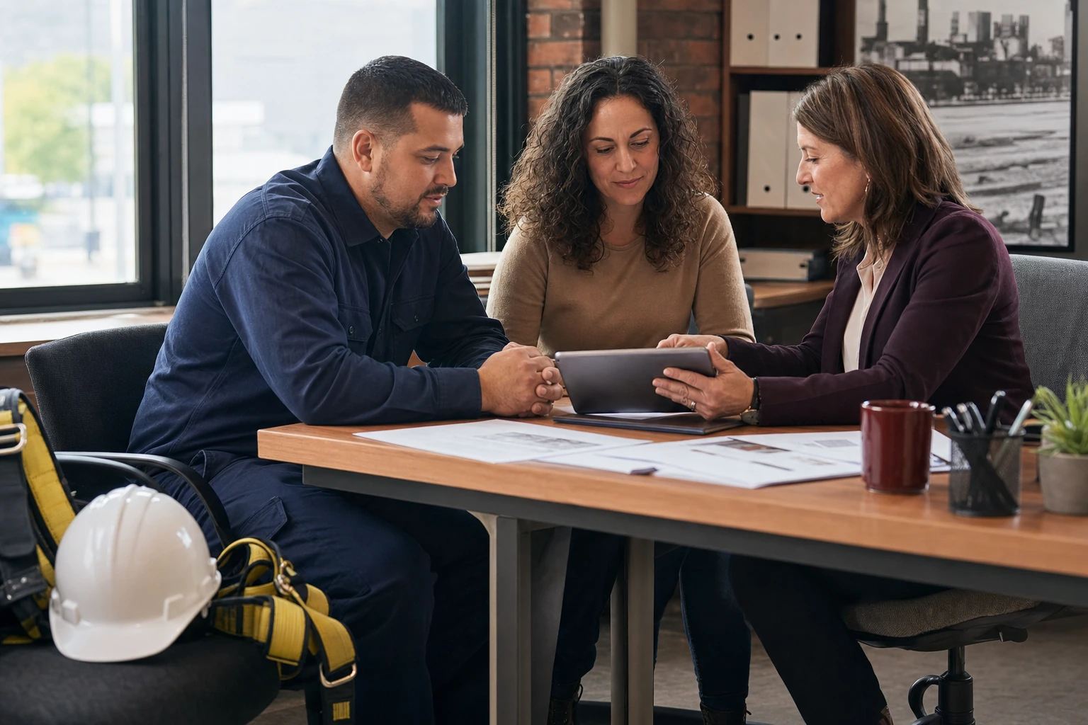 A union roofer and spouse reviewing health and flexible-benefit options with a benefits counselor