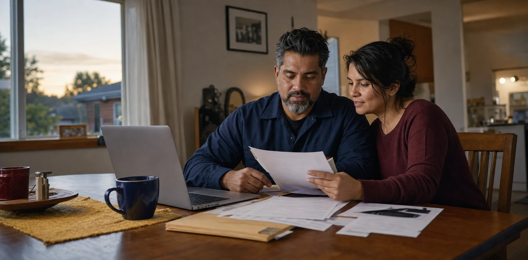 A roofing member and spouse reviewing benefit information together at home