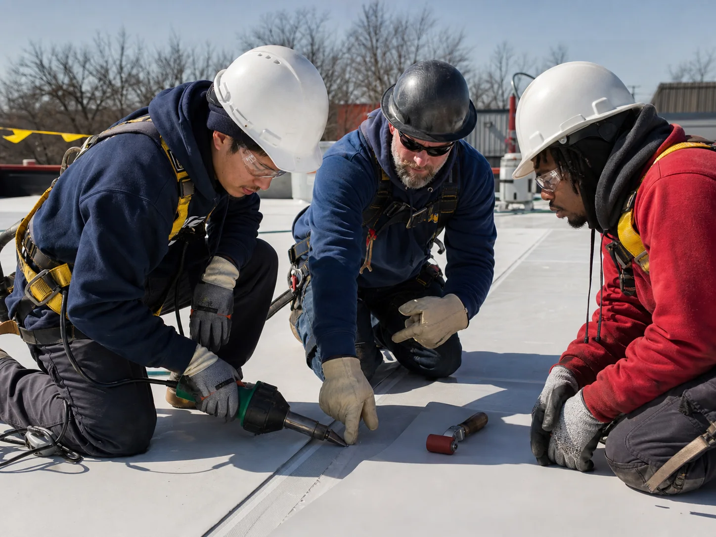 Roofing apprentices learning how to weld a membrane seam