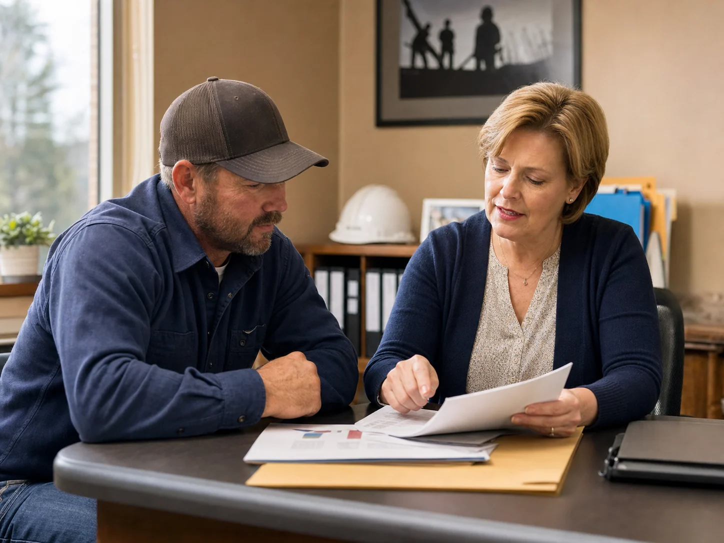 Experienced roofer mentoring a newer worker