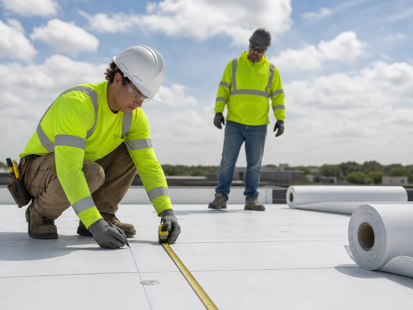 A roofing apprentice measures commercial roofing membrane while an instructor observes