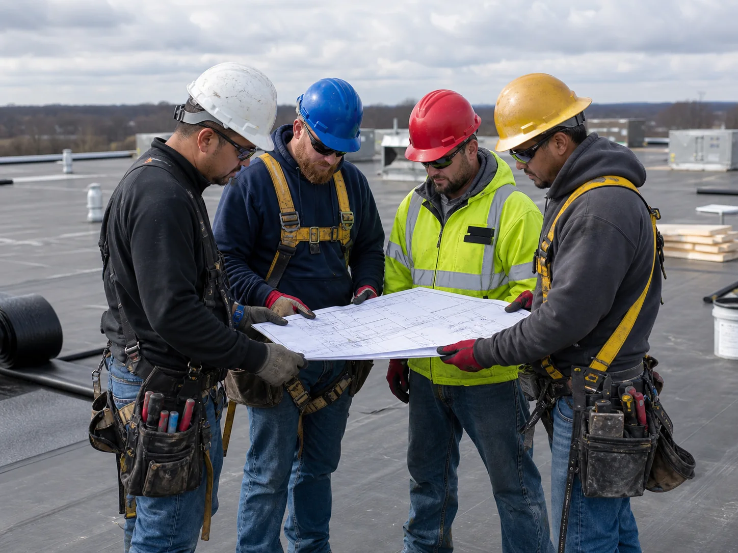 Commercial roofing crew reviewing plans before work