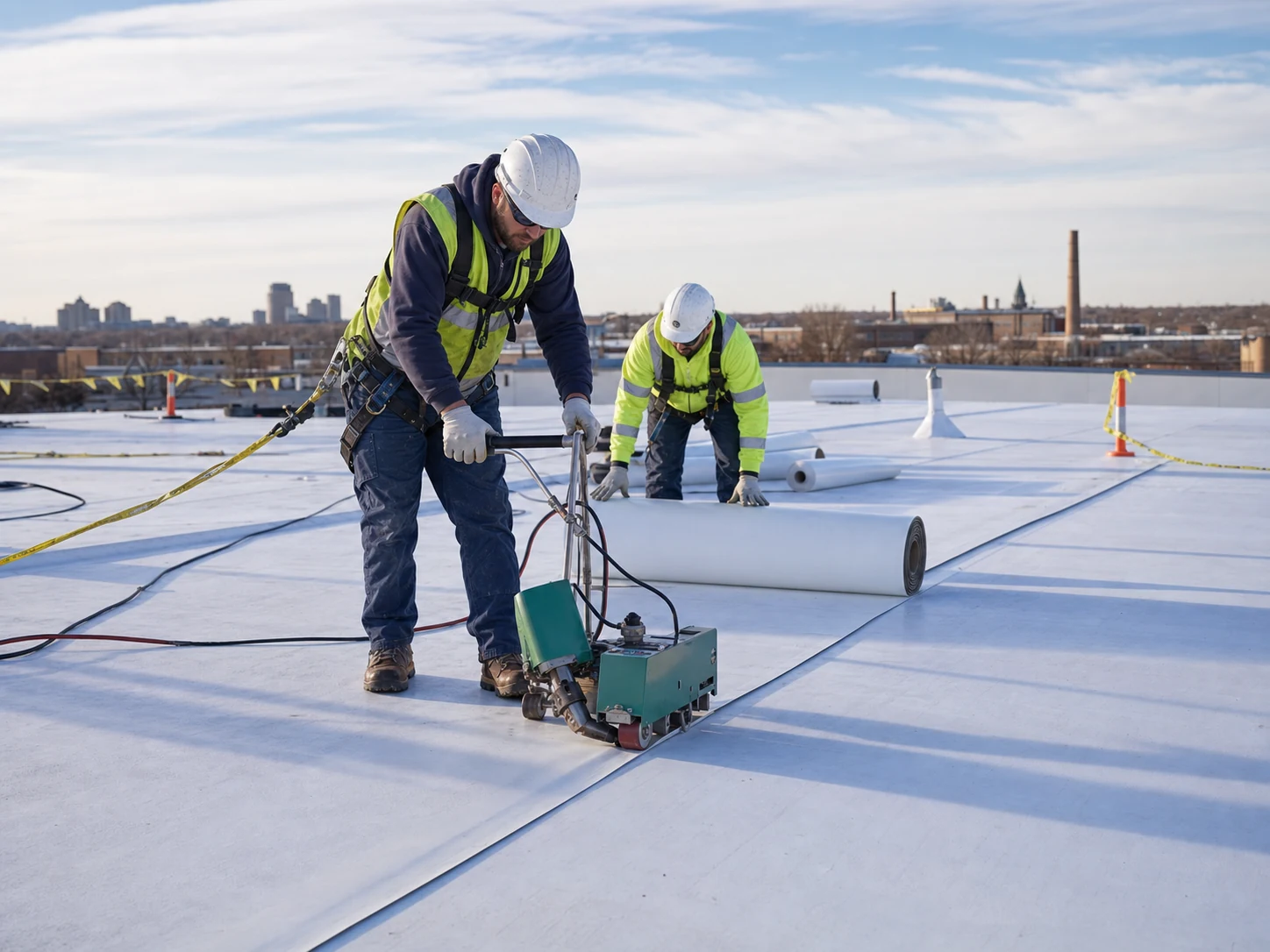 Commercial roofer working safely with a crew on a low-slope roof