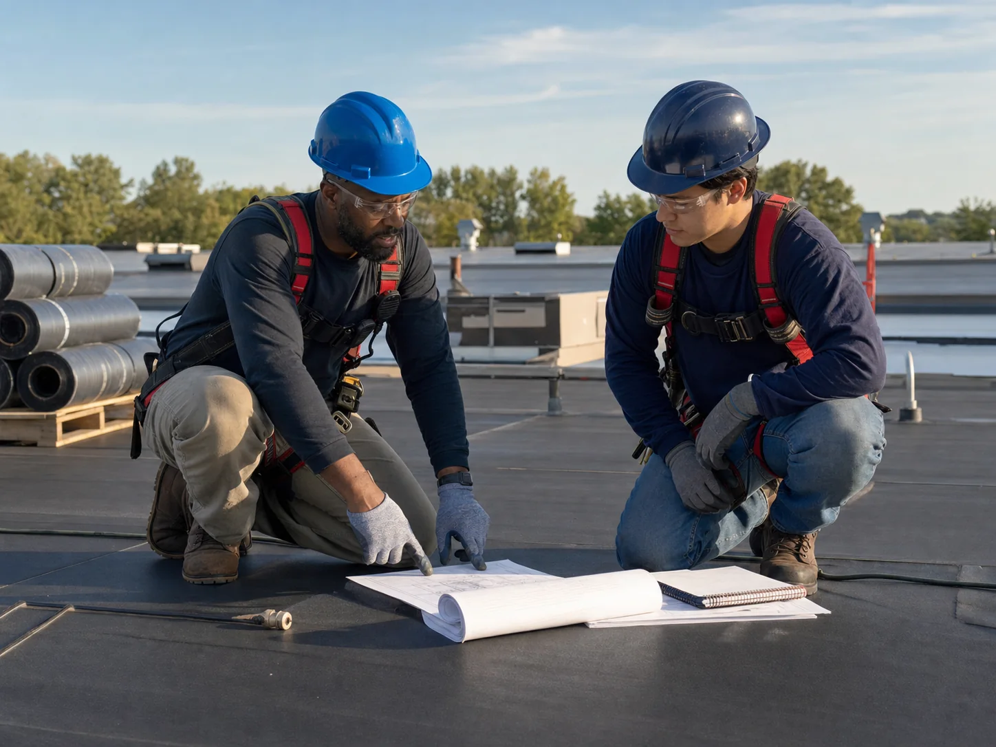 Experienced roofer mentoring a younger worker over job plans