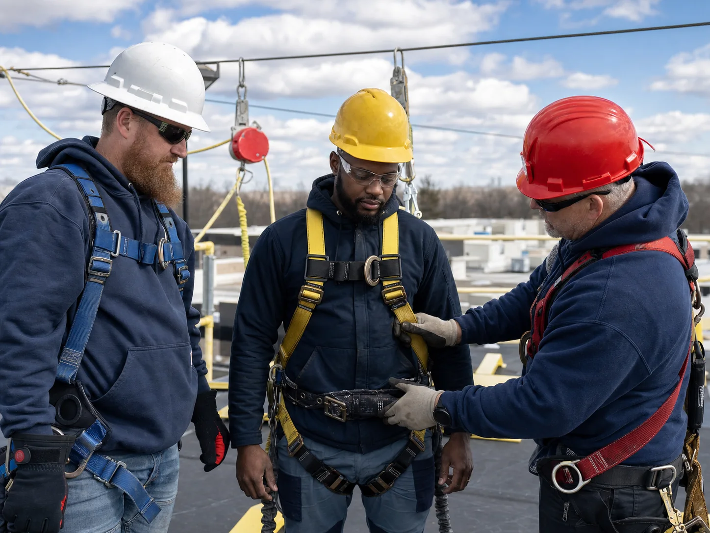 Roofers checking fall-protection equipment during safety training