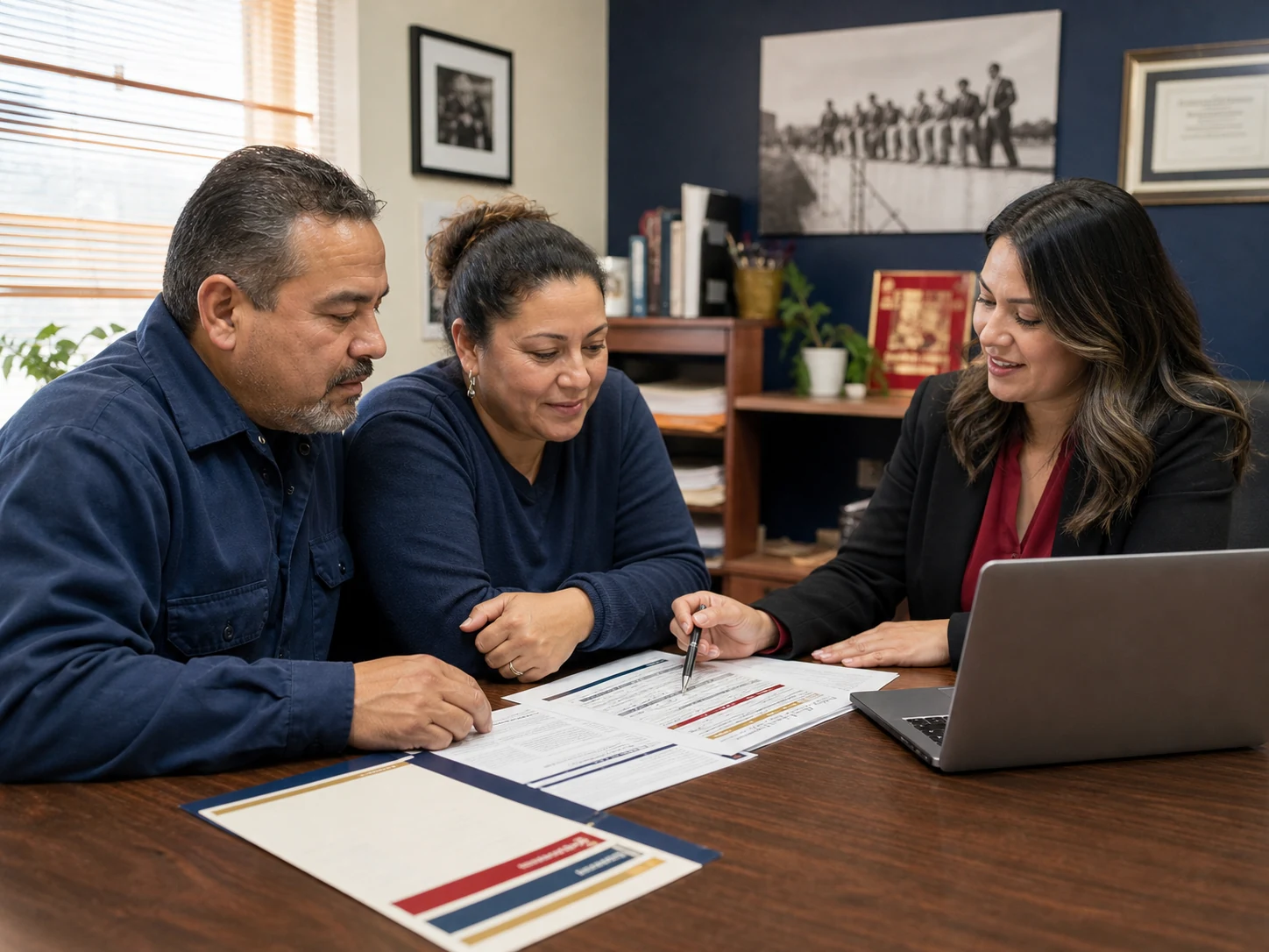 A roofer and family member reviewing benefit options with a benefits representative