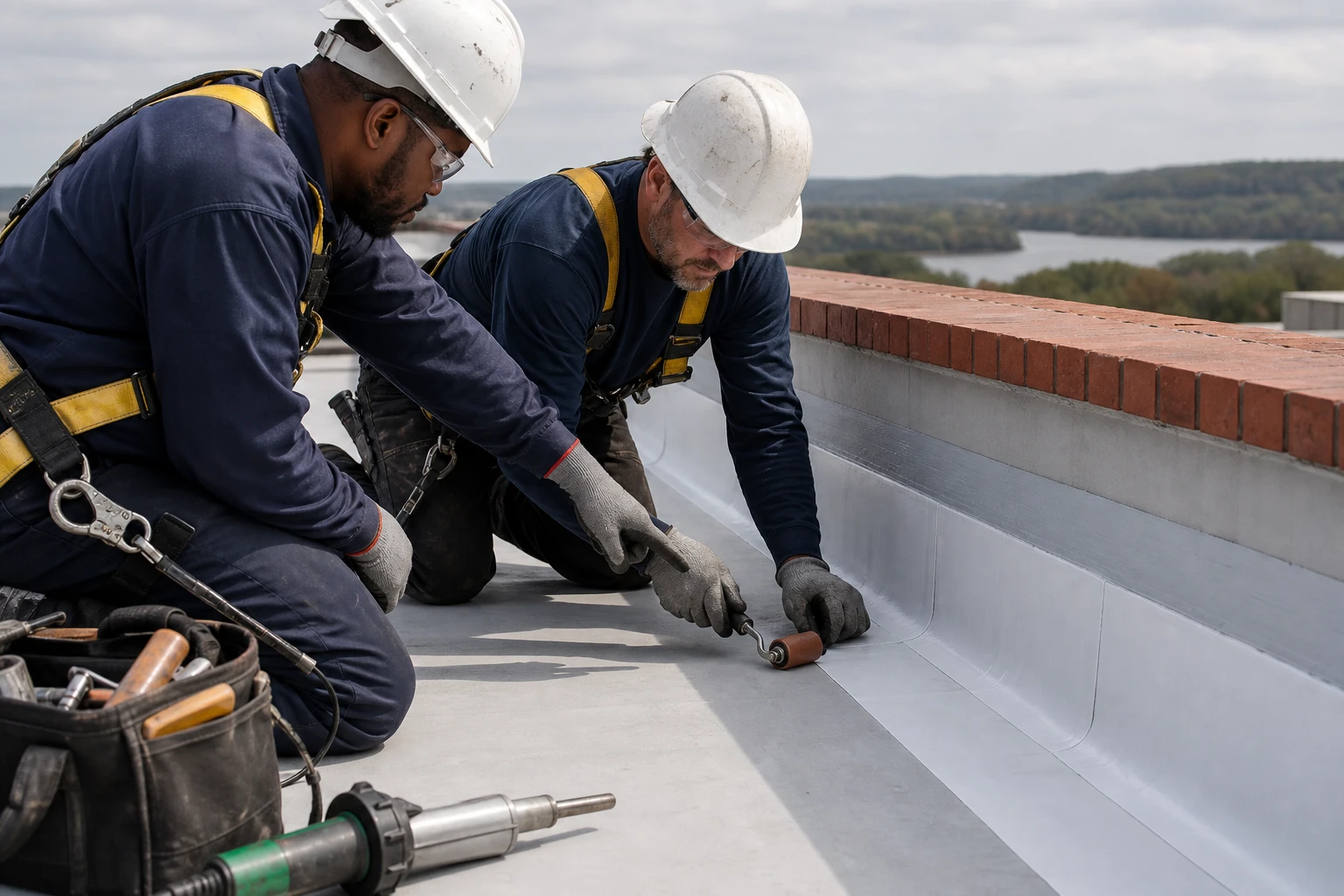 Two commercial roofers inspecting a waterproofed roof transition at a parapet