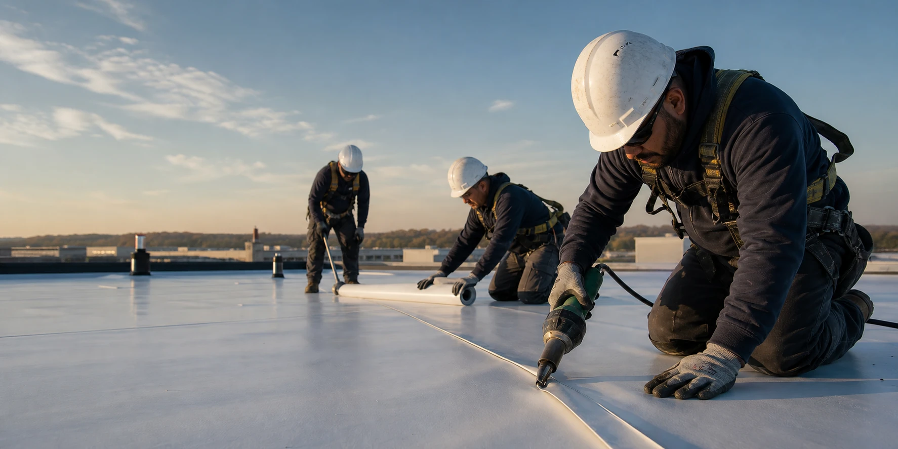 Commercial roofers installing and welding a white single-ply roofing membrane