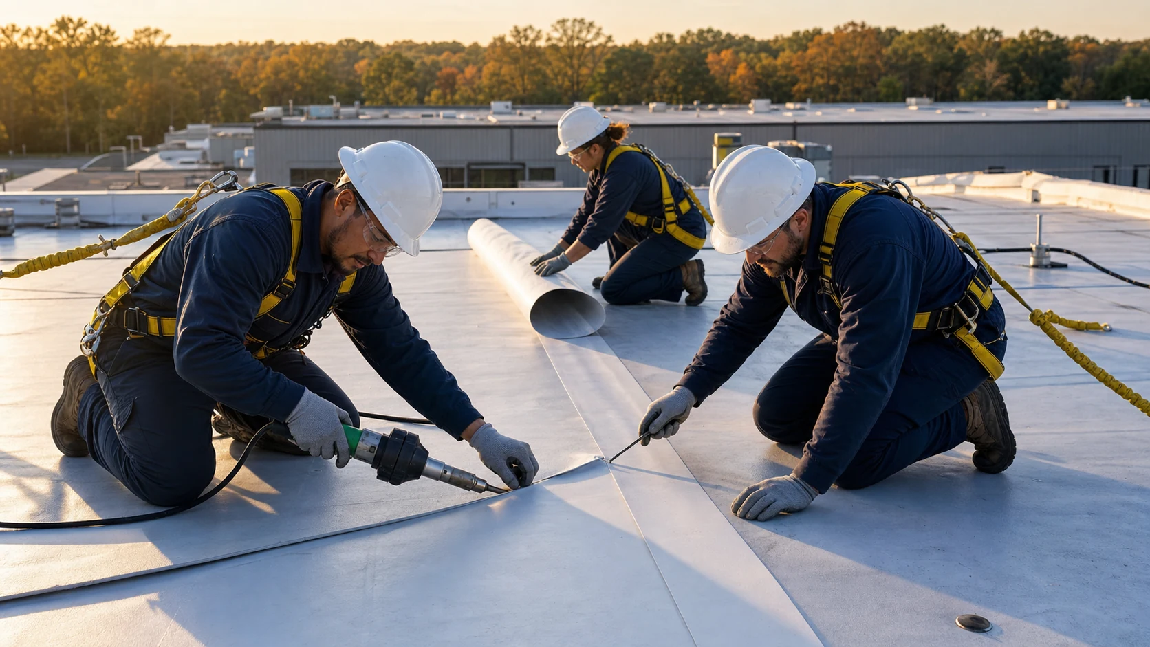 A crew of roofers installing and checking seams on a single-ply commercial roofing system