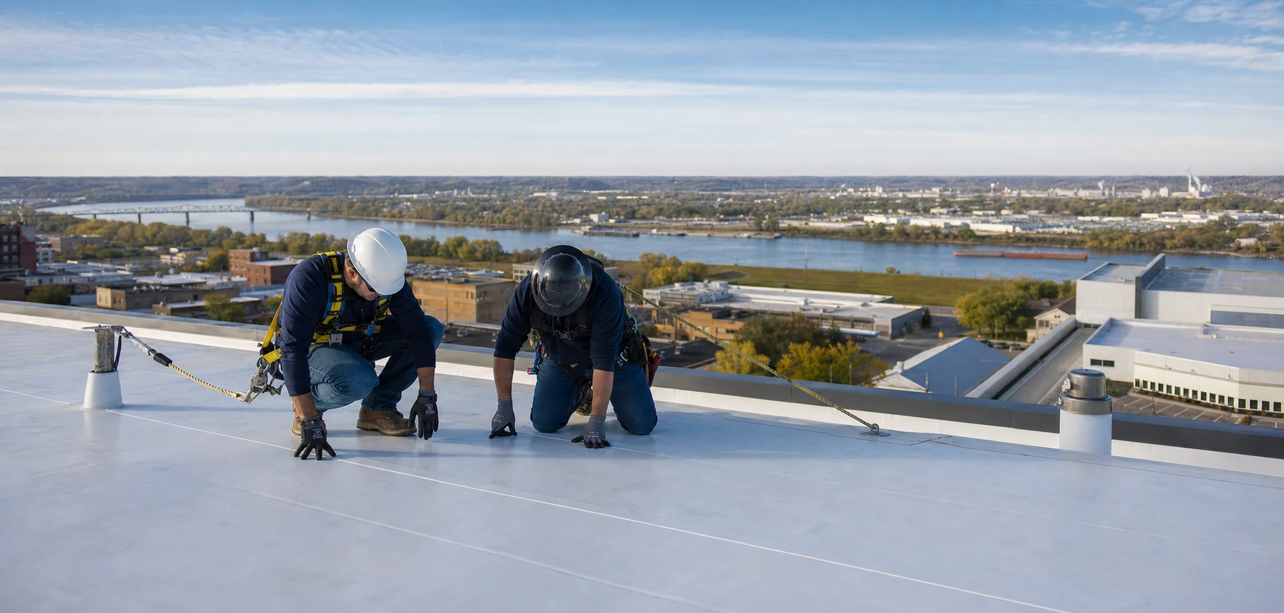 Two roofers inspecting a single-ply roof above a Southern Indiana river city
